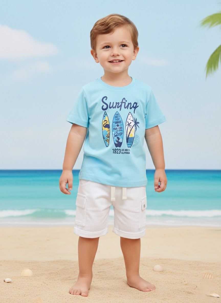 Baby Boys Casual T-shirt Shorts  (Sky and White)