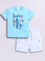 Baby Boys Casual T-shirt Shorts  (Sky and White)