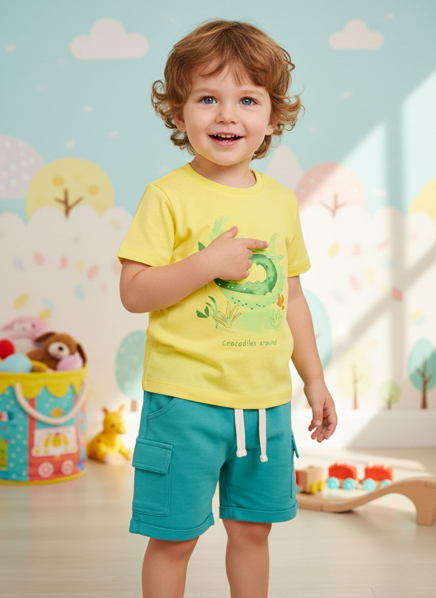 Baby Boys Casual T-shirt Shorts  (Yellow and Green)