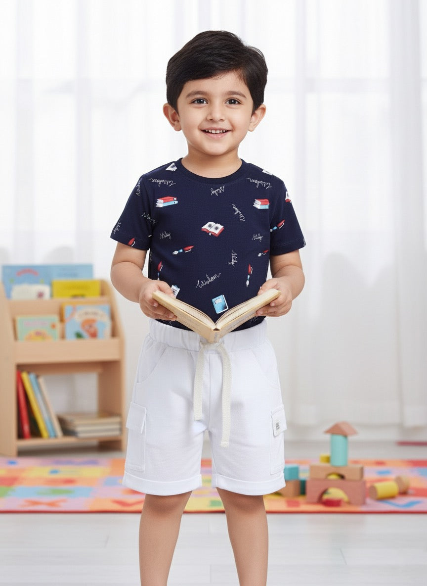 Baby Boys Casual T-shirt Shorts  (Navy and White)
