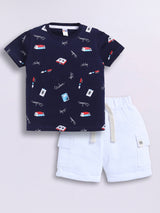 Baby Boys Casual T-shirt Shorts  (Navy and White)