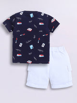 Baby Boys Casual T-shirt Shorts  (Navy and White)