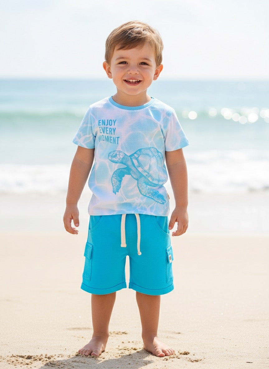 Baby Boys Casual T-shirt Shorts  (White and Blue)