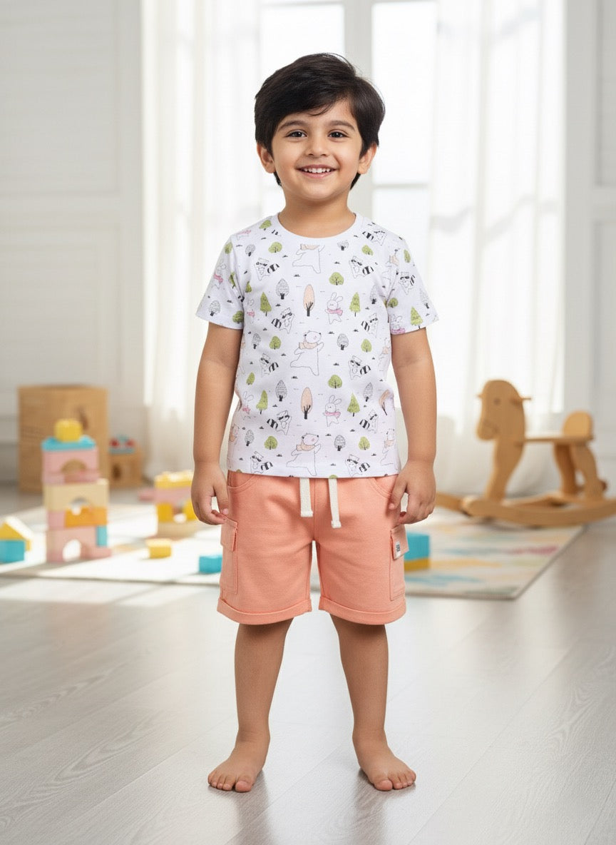 Baby Boys Casual T-shirt Shorts  (White and Peach)
