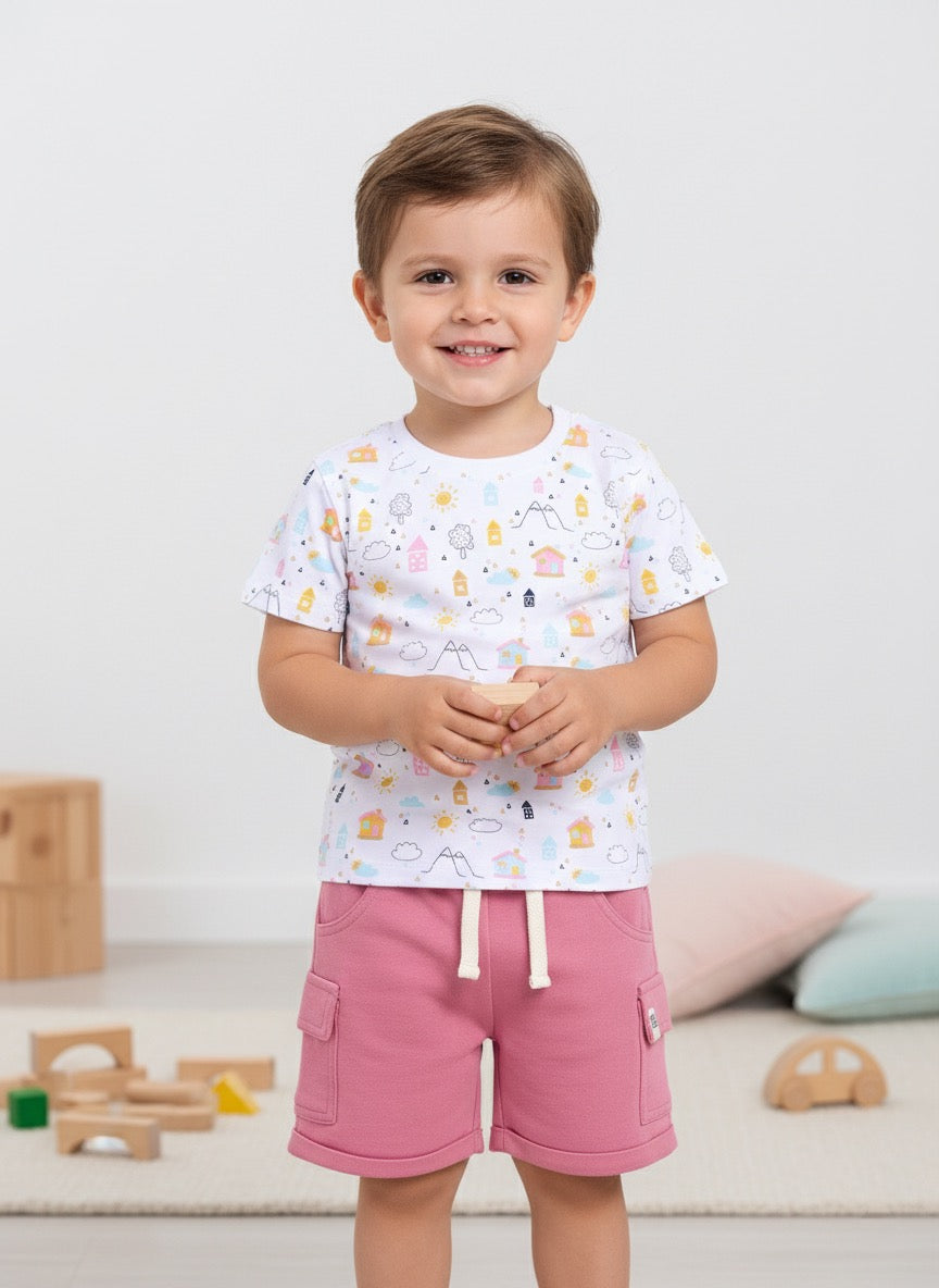 Baby Boys Casual T-shirt Shorts  (White and Pink)