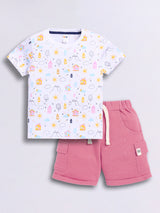 Baby Boys Casual T-shirt Shorts  (White and Pink)
