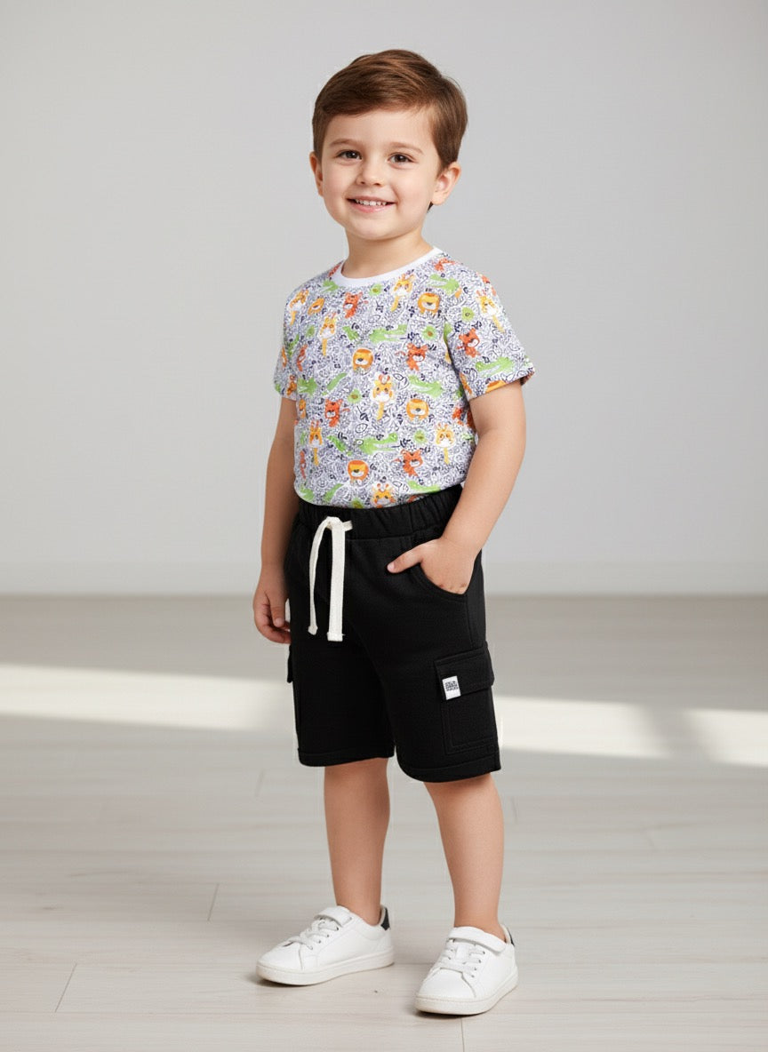 Baby Boys Casual T-shirt Shorts  (White and Black)