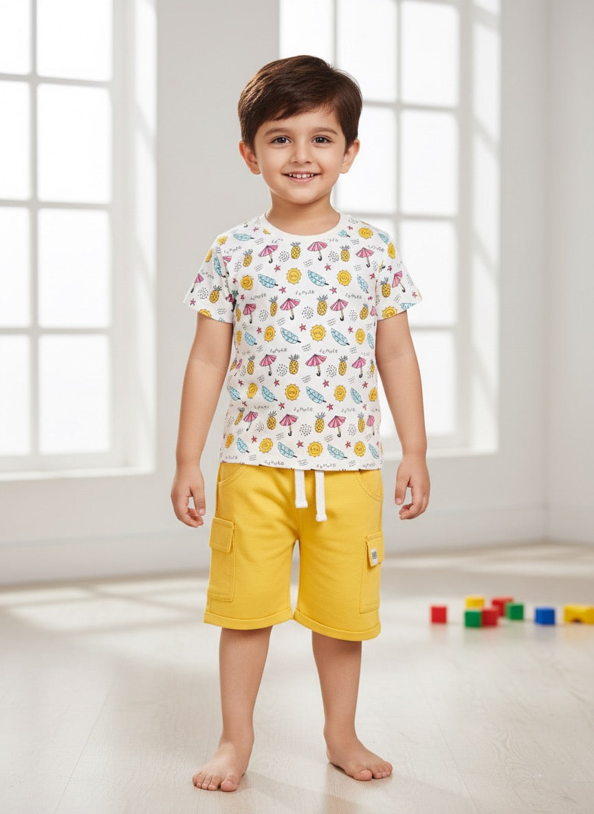 Baby Boys Casual T-shirt Shorts  (White and Yellow)