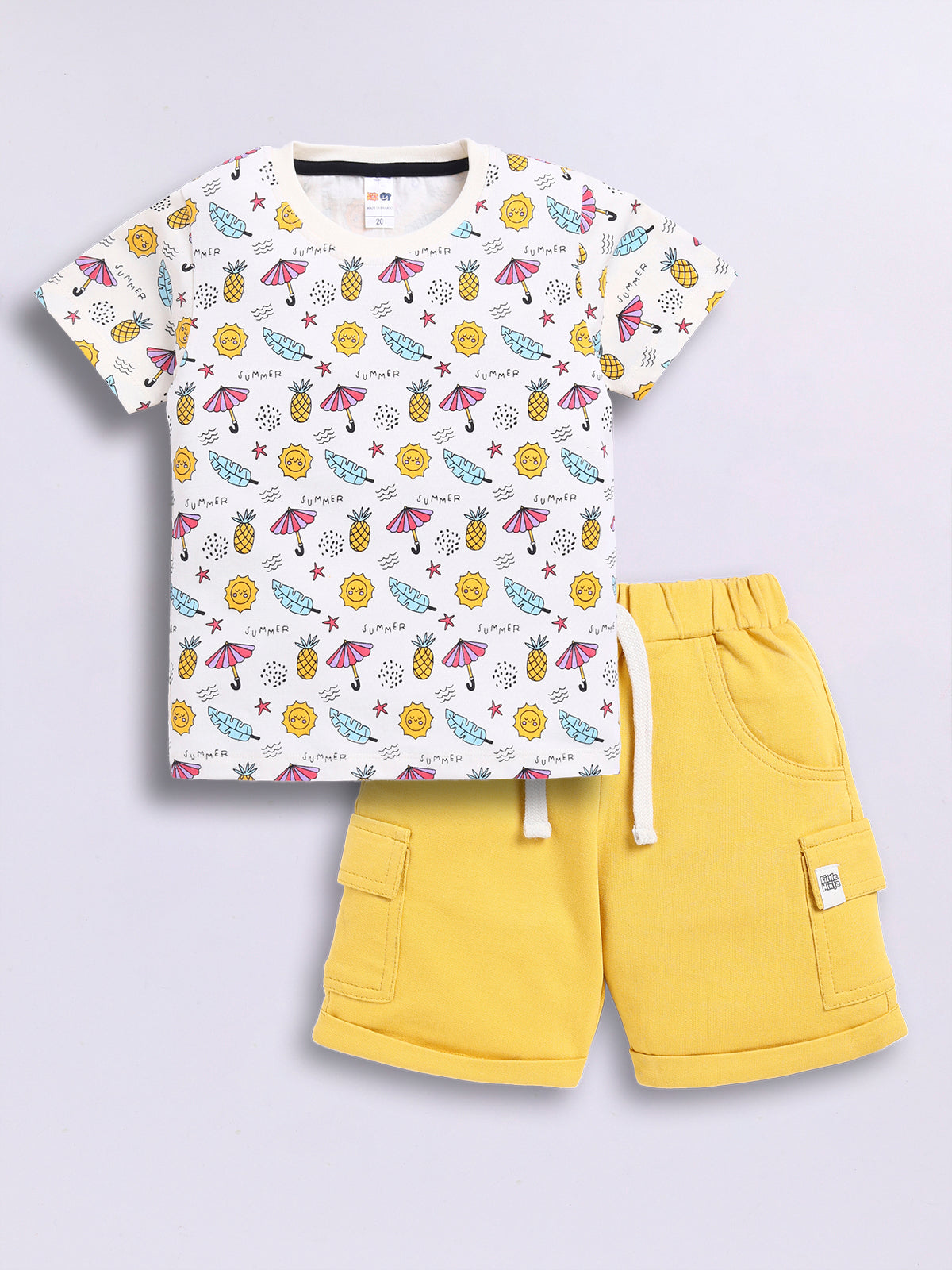 Baby Boys Casual T-shirt Shorts  (White and Yellow)