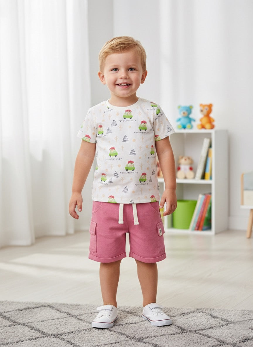 Baby Boys Casual T-shirt Shorts  (White and Pink)