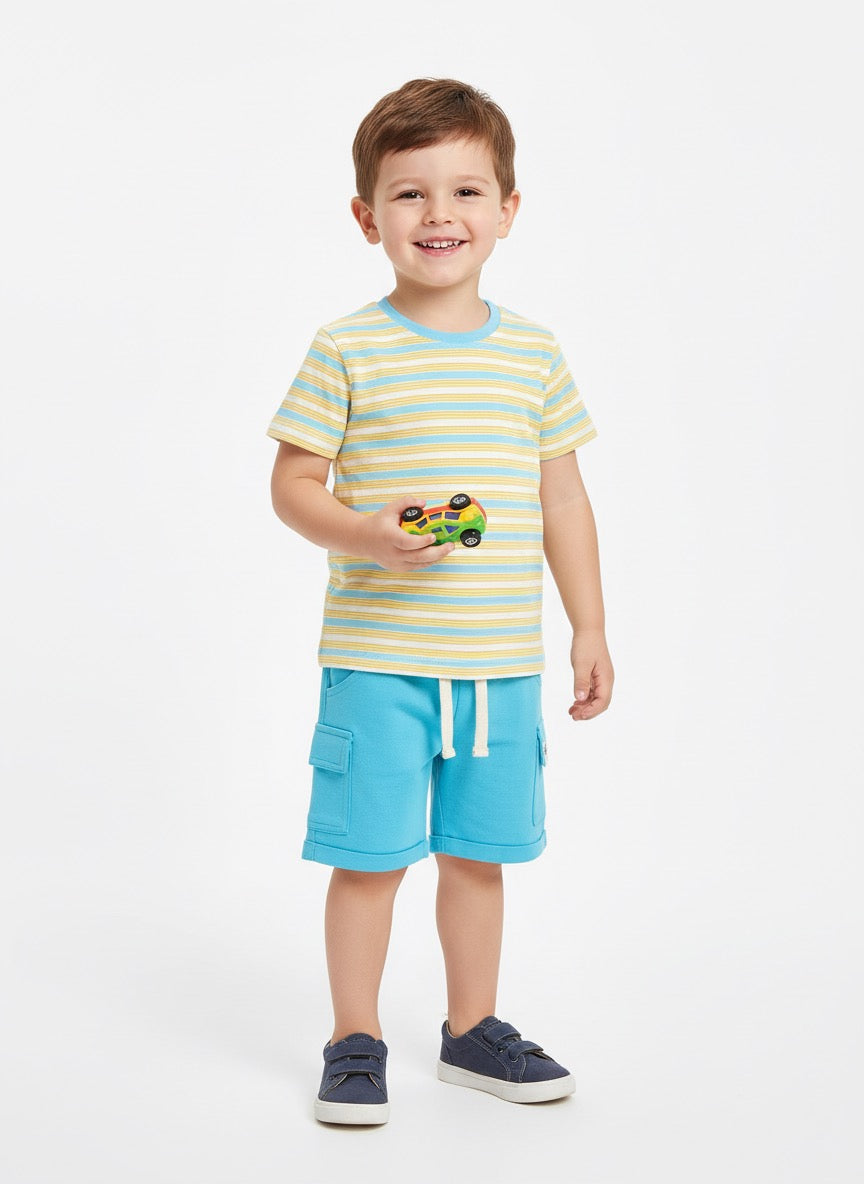 Baby Boys Casual T-shirt Shorts  (Cream and Blue)