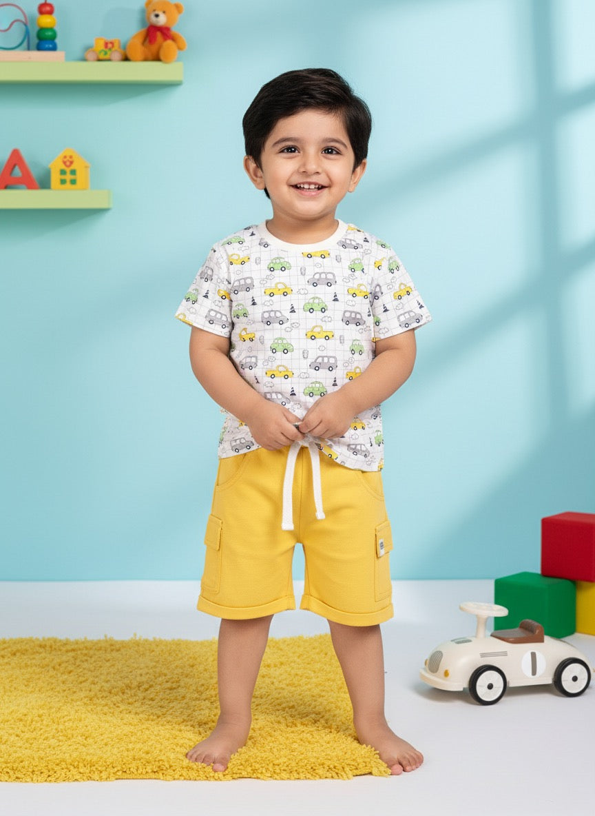 Baby Boys Casual T-shirt Shorts  (White and Yellow 2)
