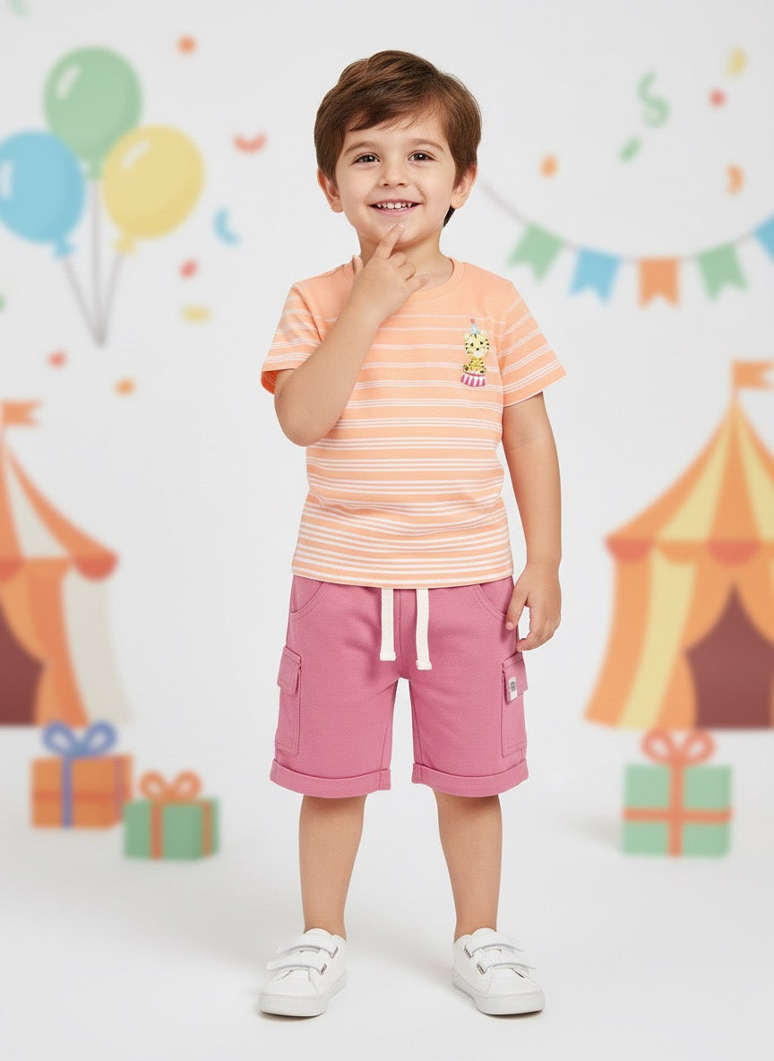 Baby Boys Casual T-shirt Shorts  (Orange and Pink)