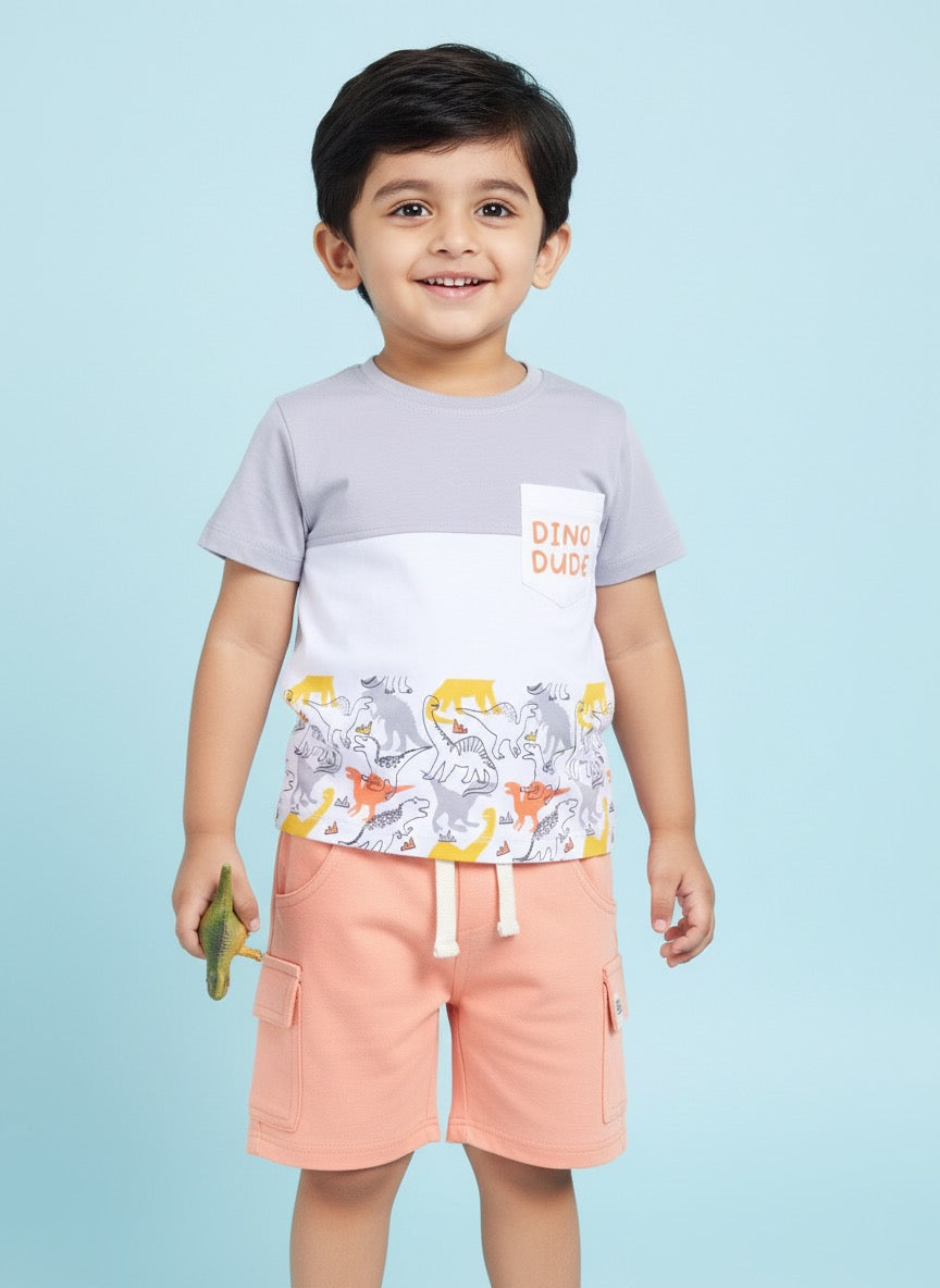 Baby Boys Casual T-shirt Shorts  (Grey and Peach)