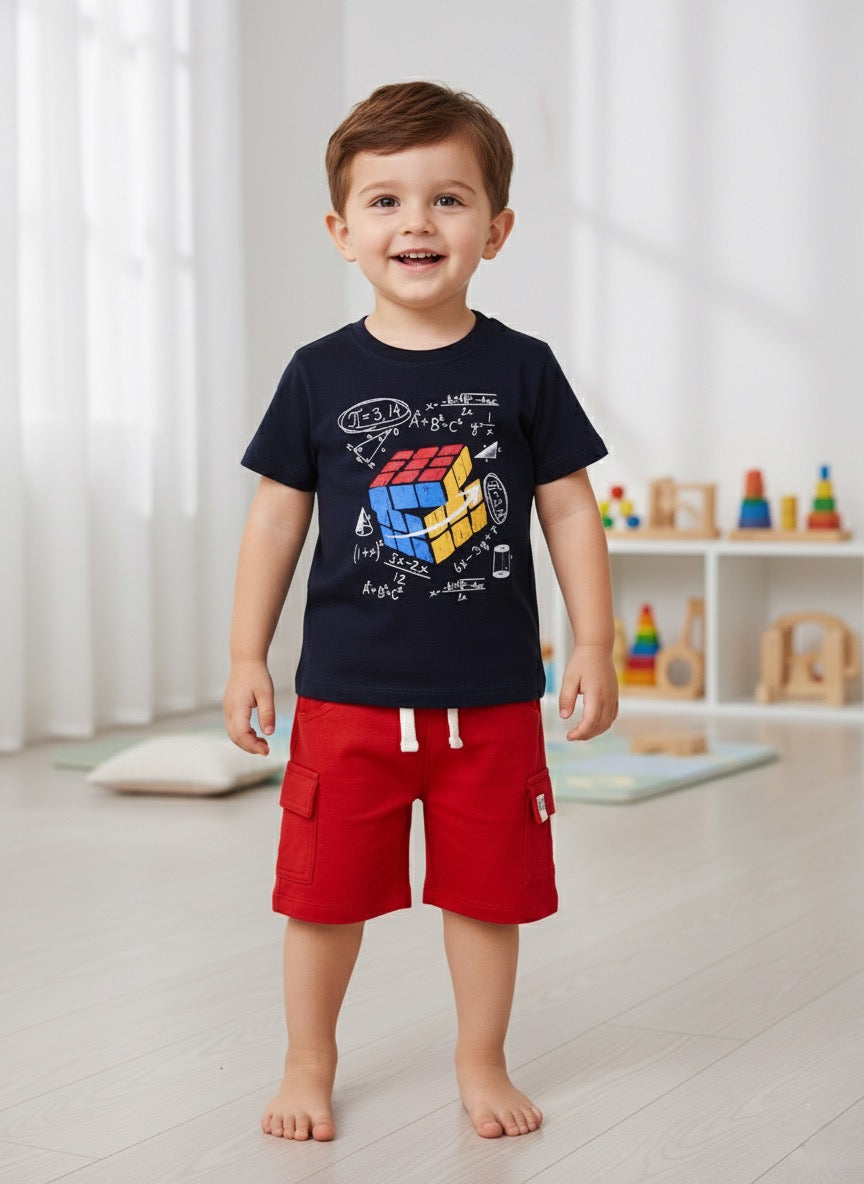 Baby Boys Casual T-shirt Shorts  (Navy and Red)