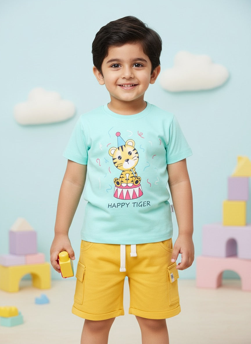 Baby Boys Casual T-shirt Shorts  (Green and Yellow)