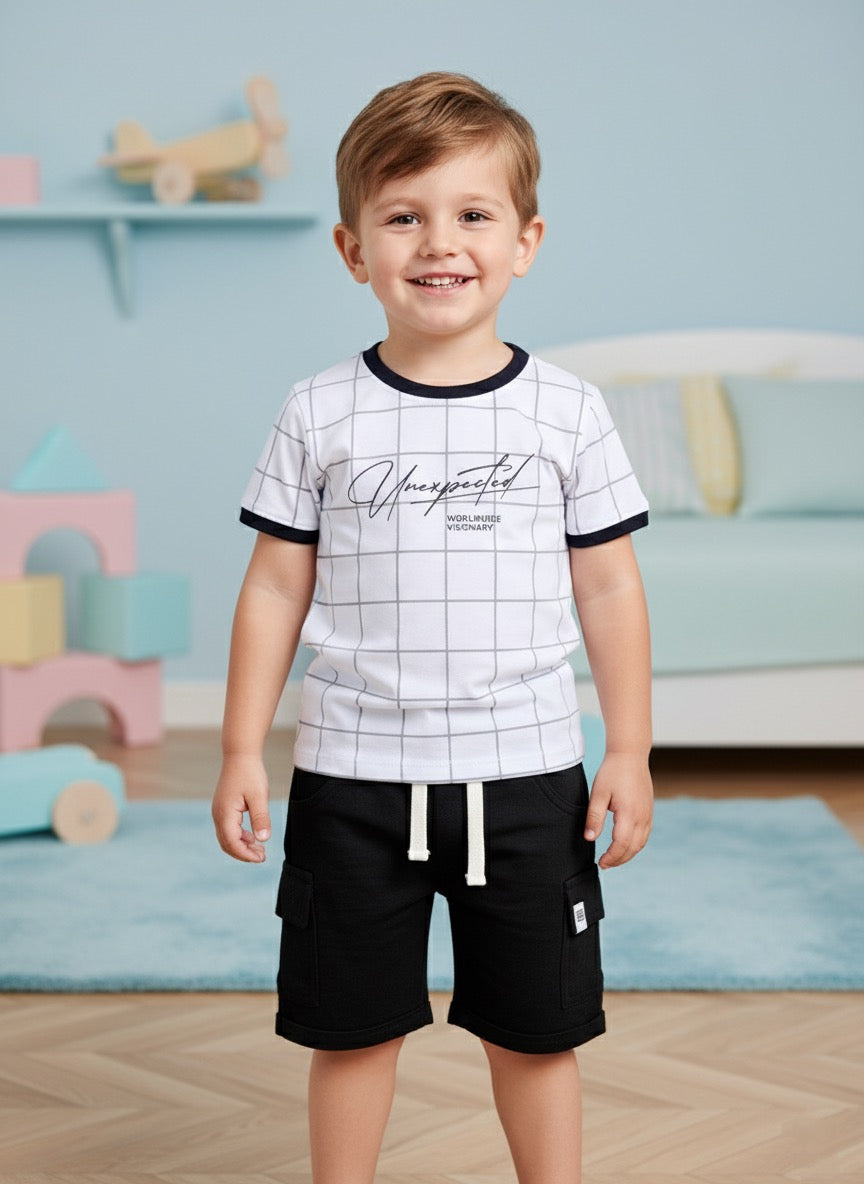 Baby Boys Casual T-shirt Shorts  (White and Black)