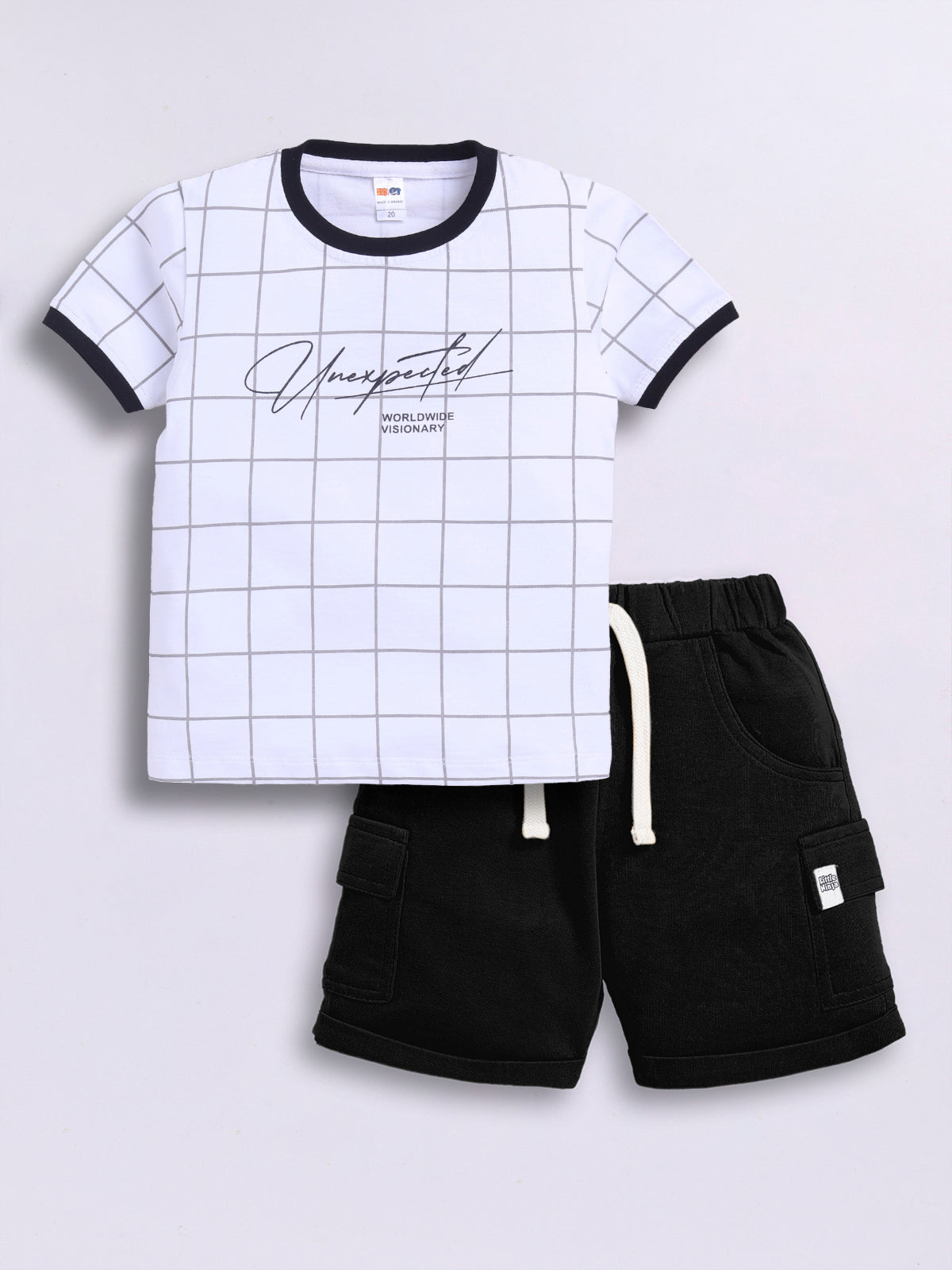 Baby Boys Casual T-shirt Shorts  (White and Black)