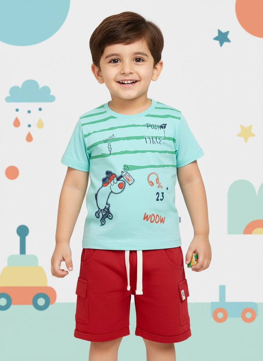 Baby Boys Casual T-shirt Shorts  (Green and Red)