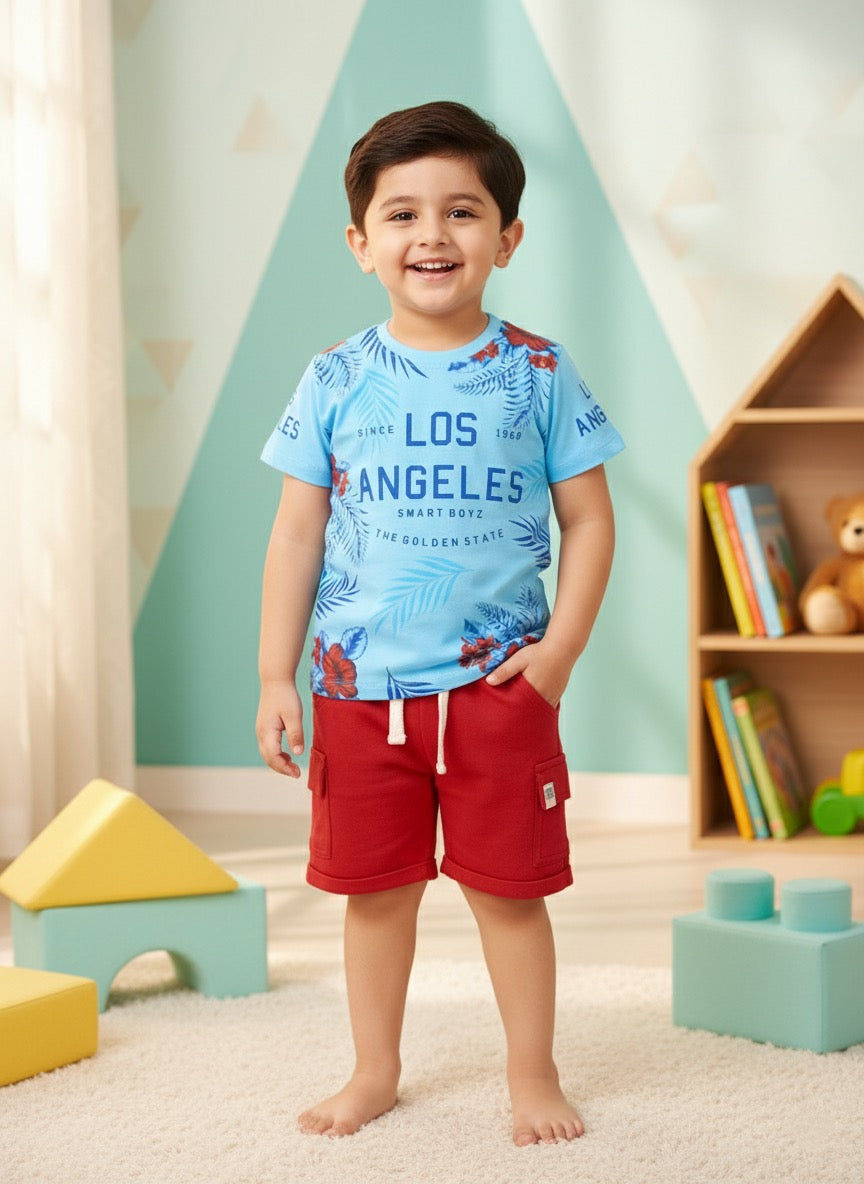 Baby Boys Casual T-shirt Shorts  (Blue and Red)