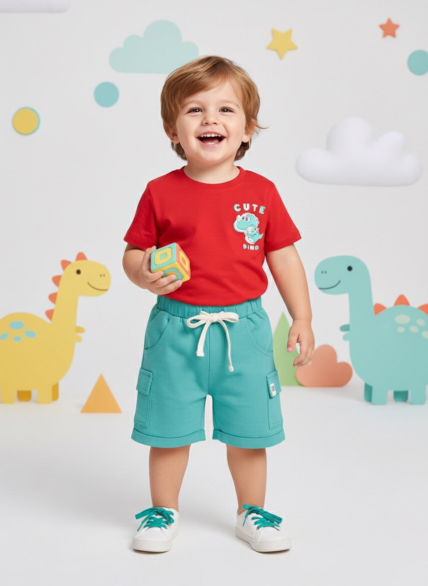 Baby Boys Casual T-shirt Shorts  (Red and Green)