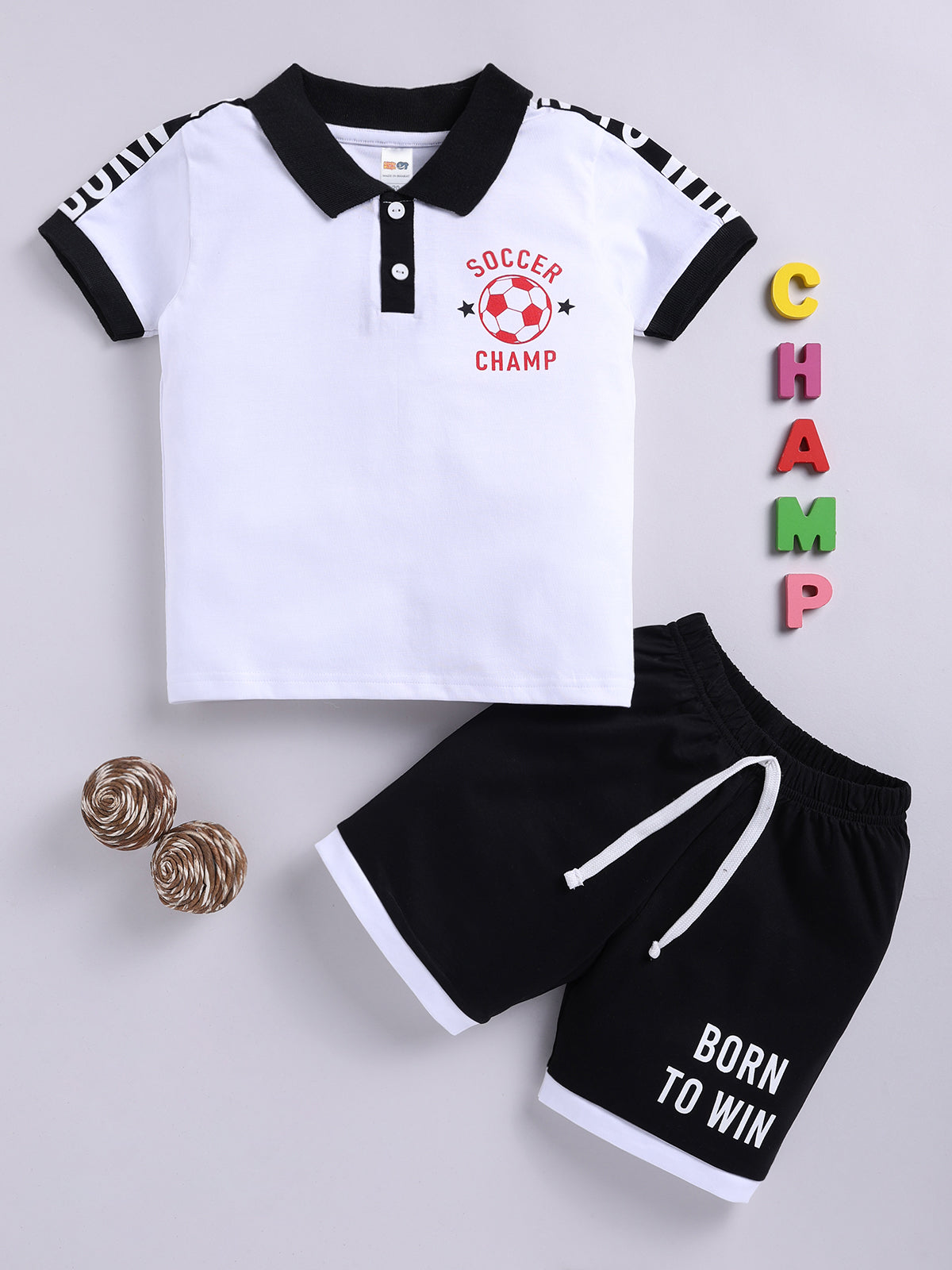 Boys Casual T-shirt Shorts  (WHITE BLACK)