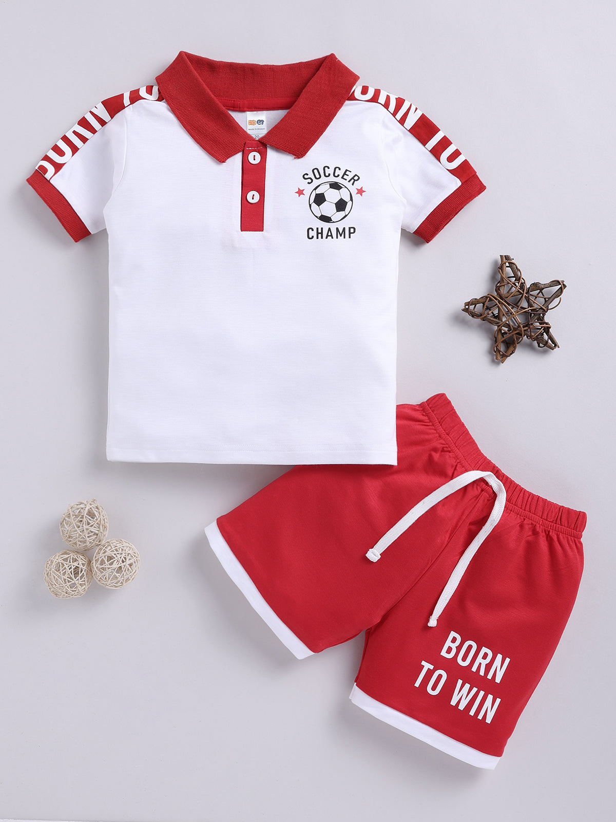 Boys Casual T-shirt Shorts  (WHITE RED)