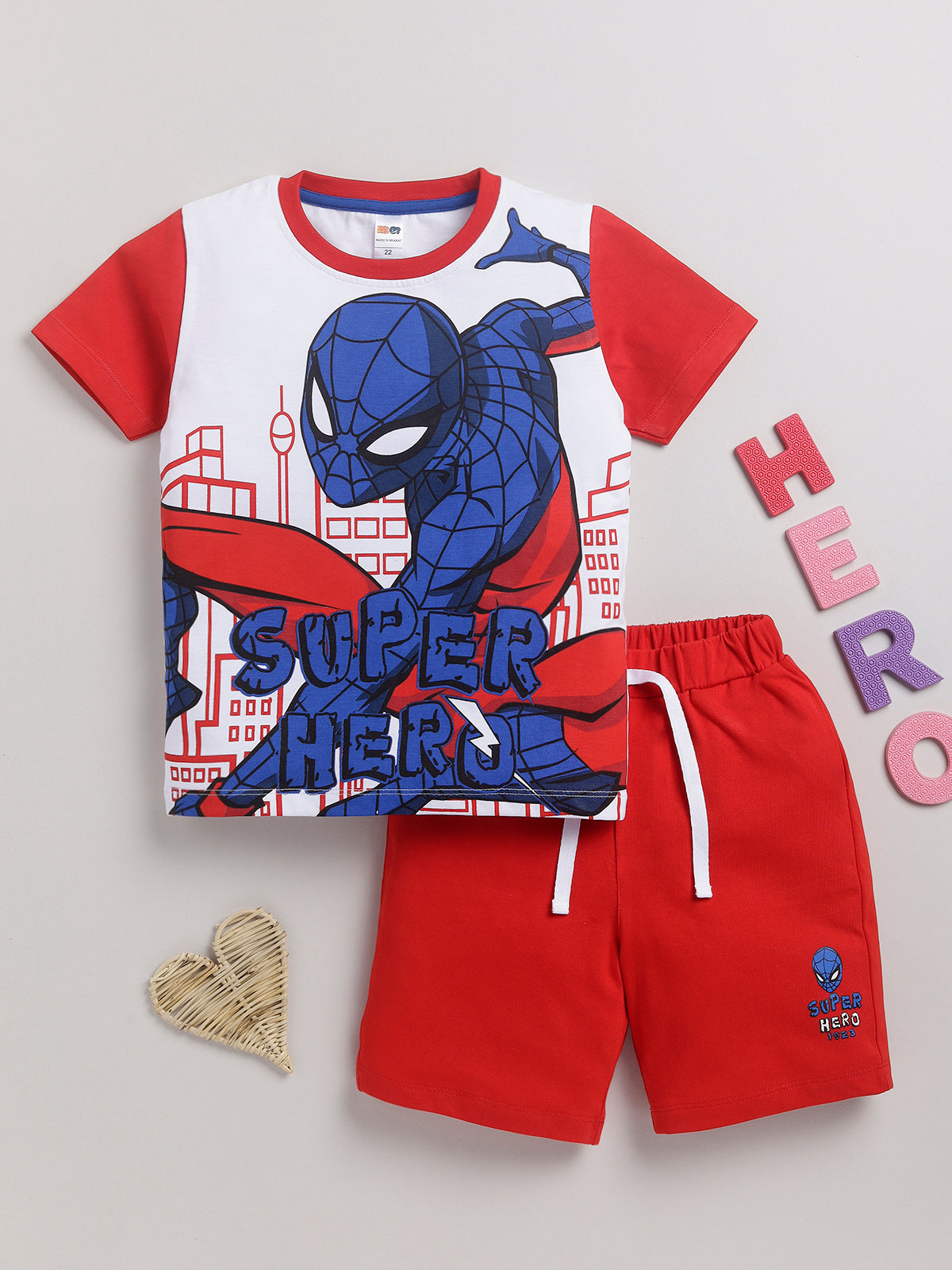 Boys Spiderman Casual T-shirt Shorts  (WHITE RED)
