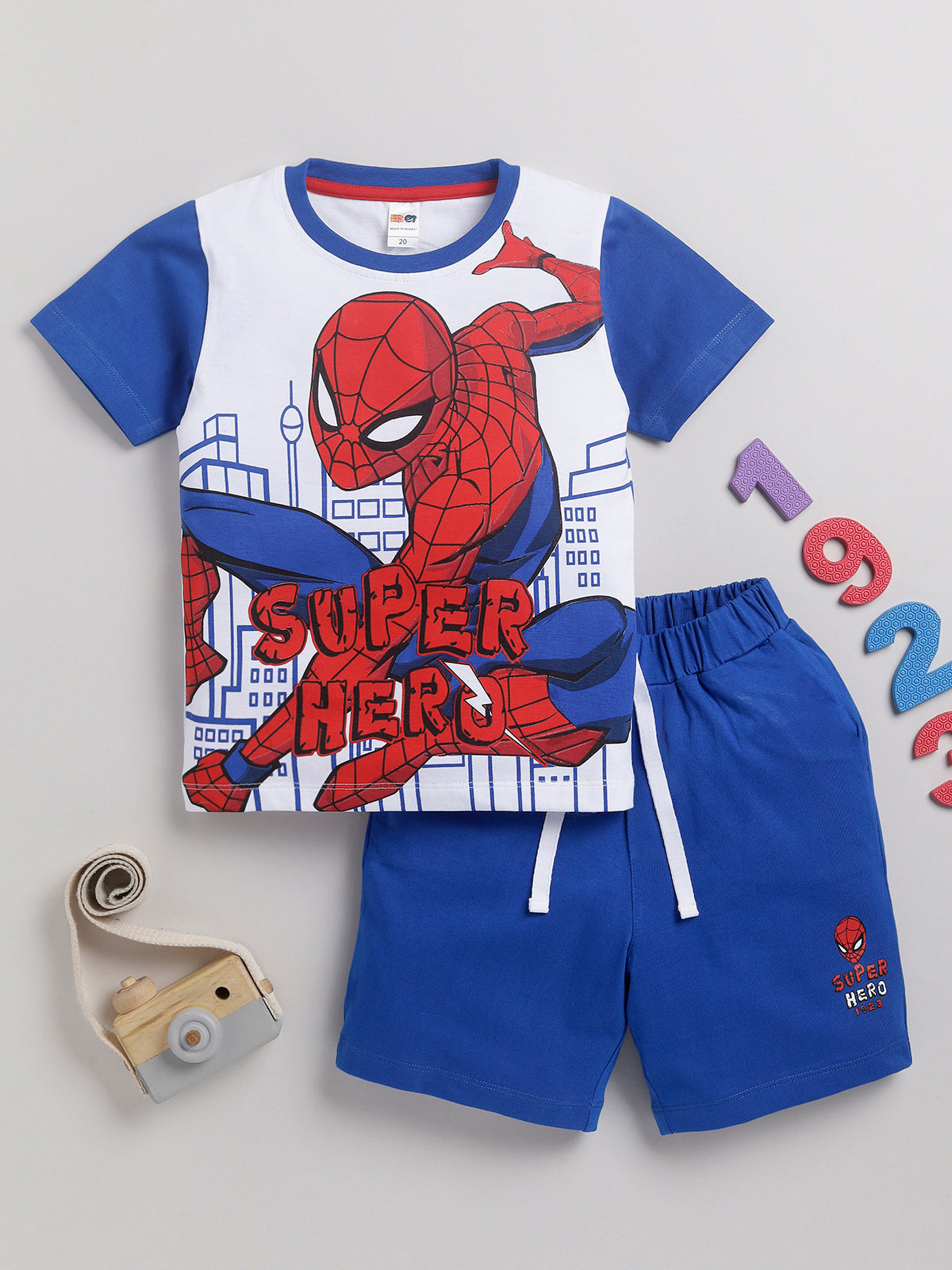 Boys Spiderman Casual T-shirt Shorts  (WHITE BLUE)