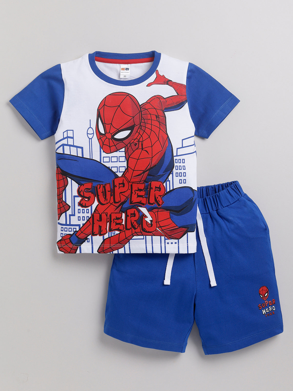 Boys Spiderman Casual T-shirt Shorts  (WHITE BLUE)