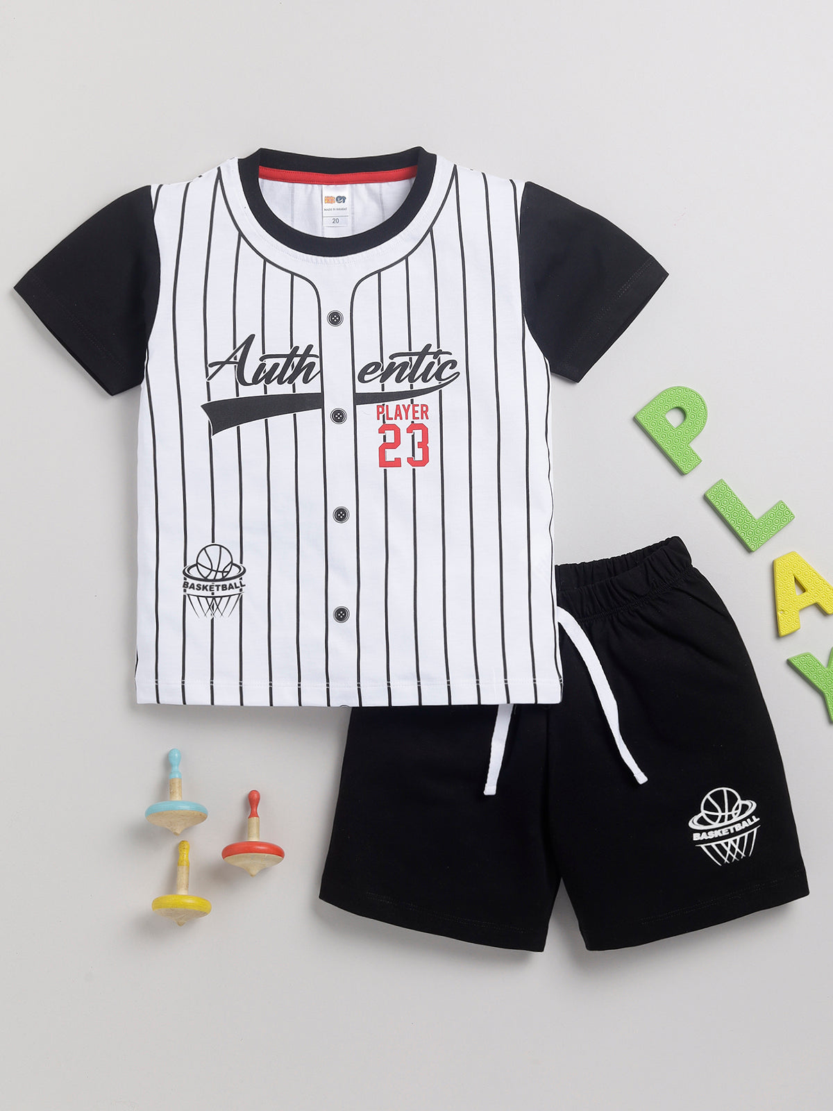 Boys Casual T-shirt Shorts  (WHITE BLACK)