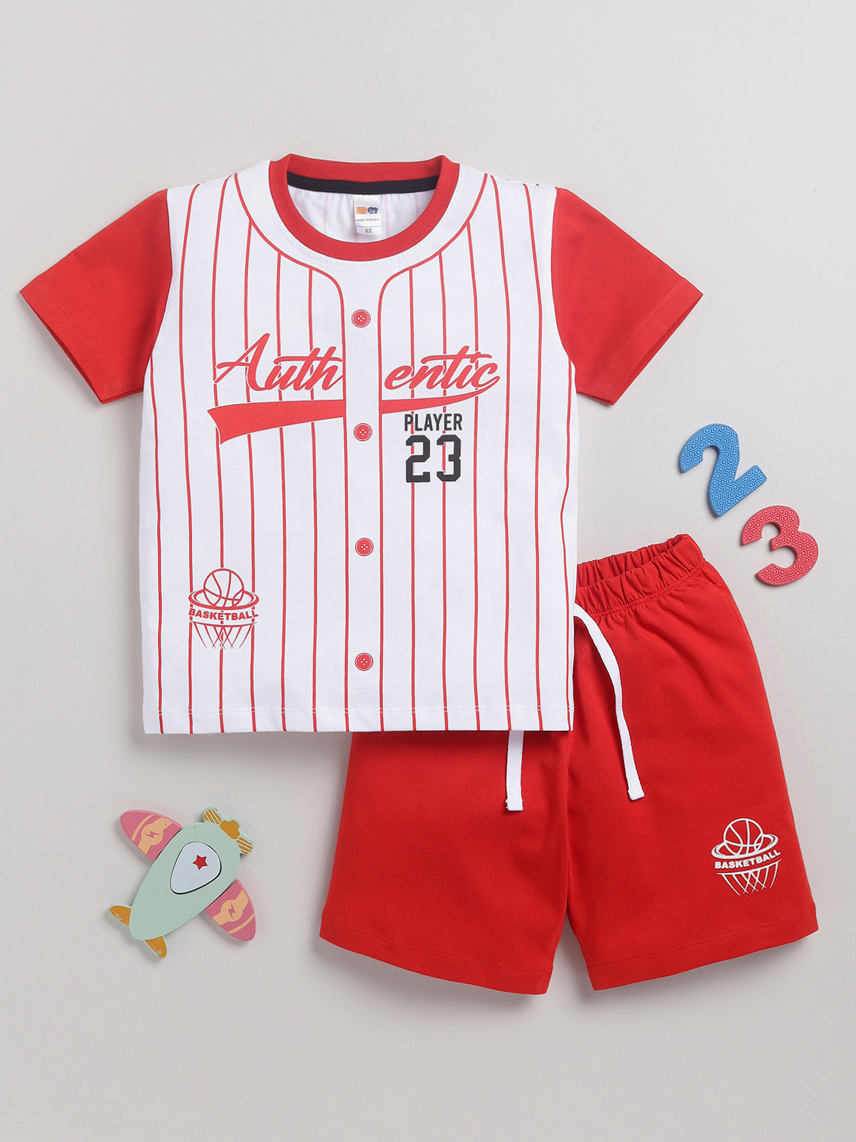 Boys Casual T-shirt Shorts  (WHITE RED)