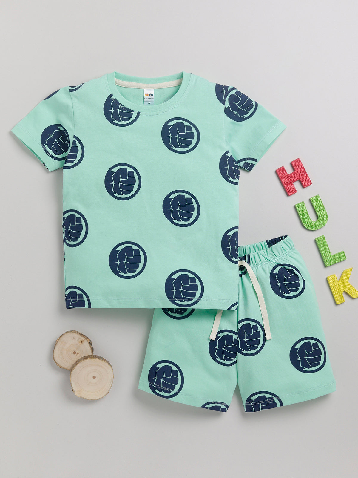 Boys Avengers Casual T-shirt Shorts  (SEA GREEN)