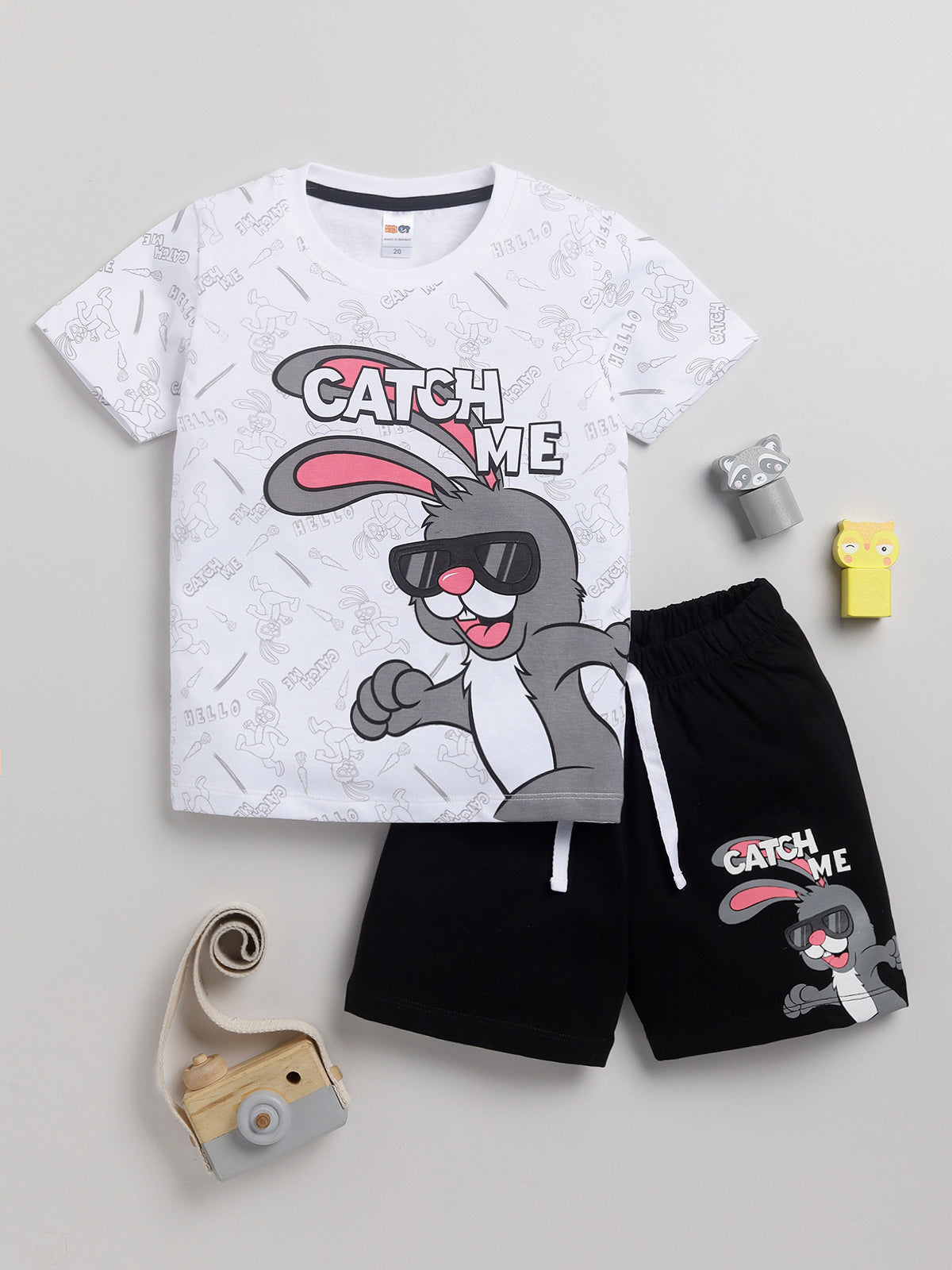Boys Casual T-shirt Shorts  (WHITE BLACK)