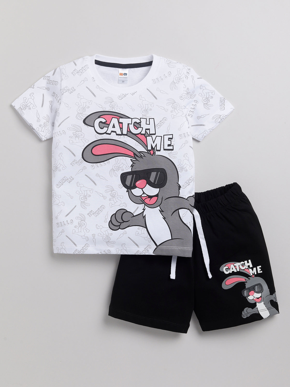Boys Casual T-shirt Shorts  (WHITE BLACK)