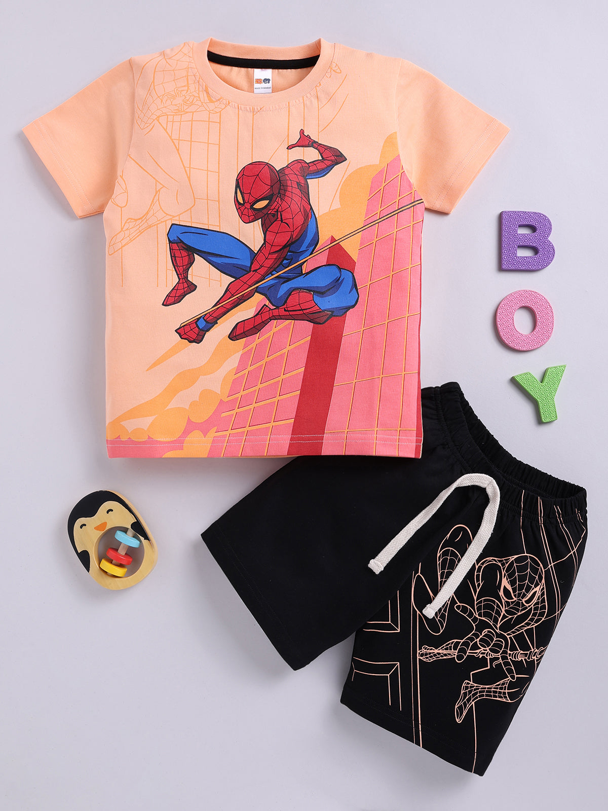 Boys Spiderman Casual T-shirt Shorts  (PEACH BLACK)