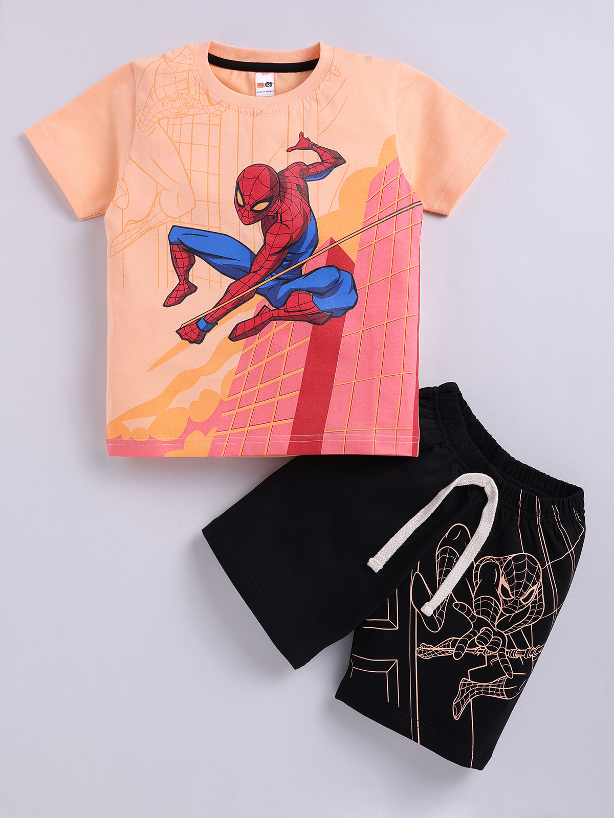 Boys Spiderman Casual T-shirt Shorts  (PEACH BLACK)