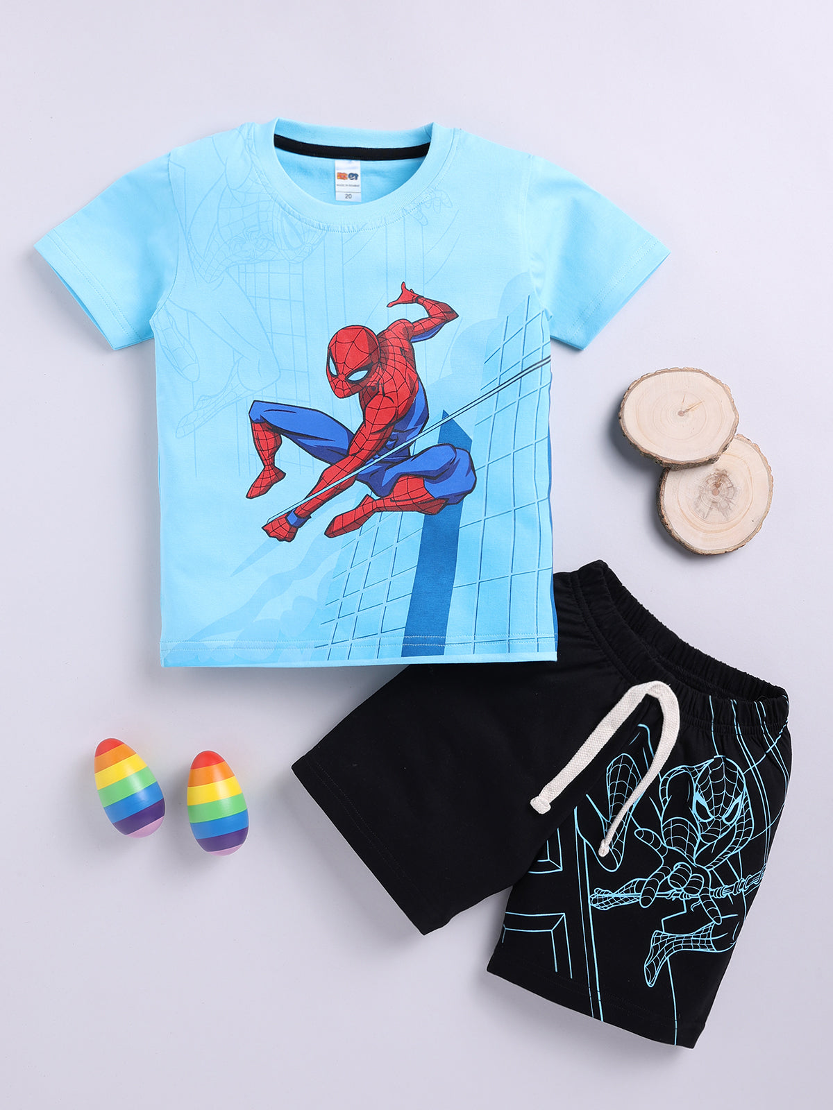 Boys Spiderman Casual T-shirt Shorts  (SKY BLACK)