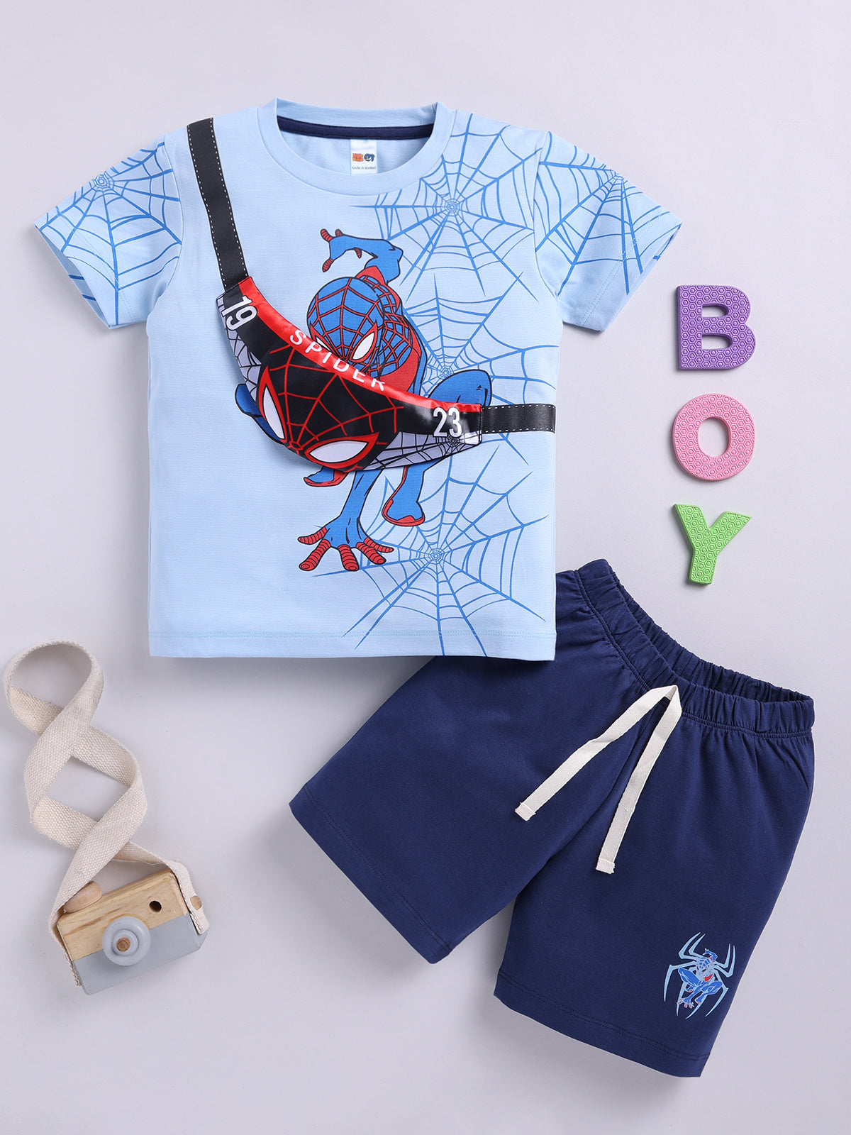 Boys Spiderman Casual T-shirt Shorts  (SKY NAVY)