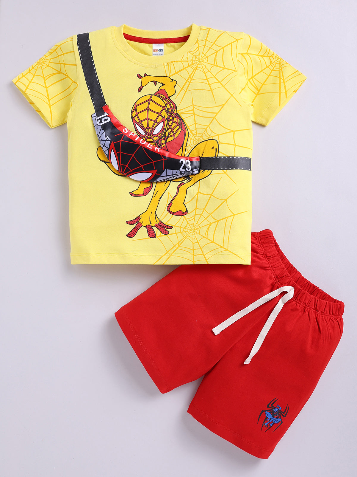 Boys Spiderman Casual T-shirt Shorts  (YELLOW RED)
