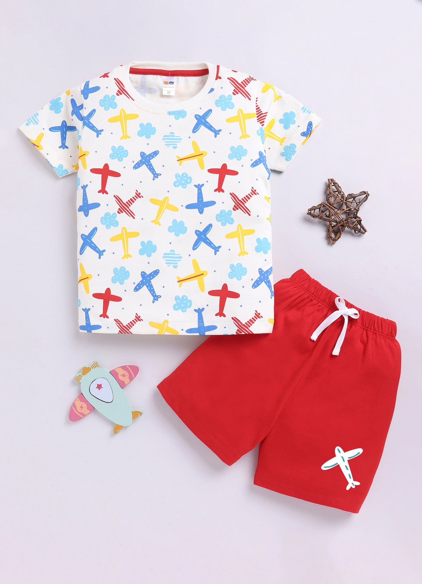 Baby Boys Casual T-shirt Shorts  (WHITE RED)