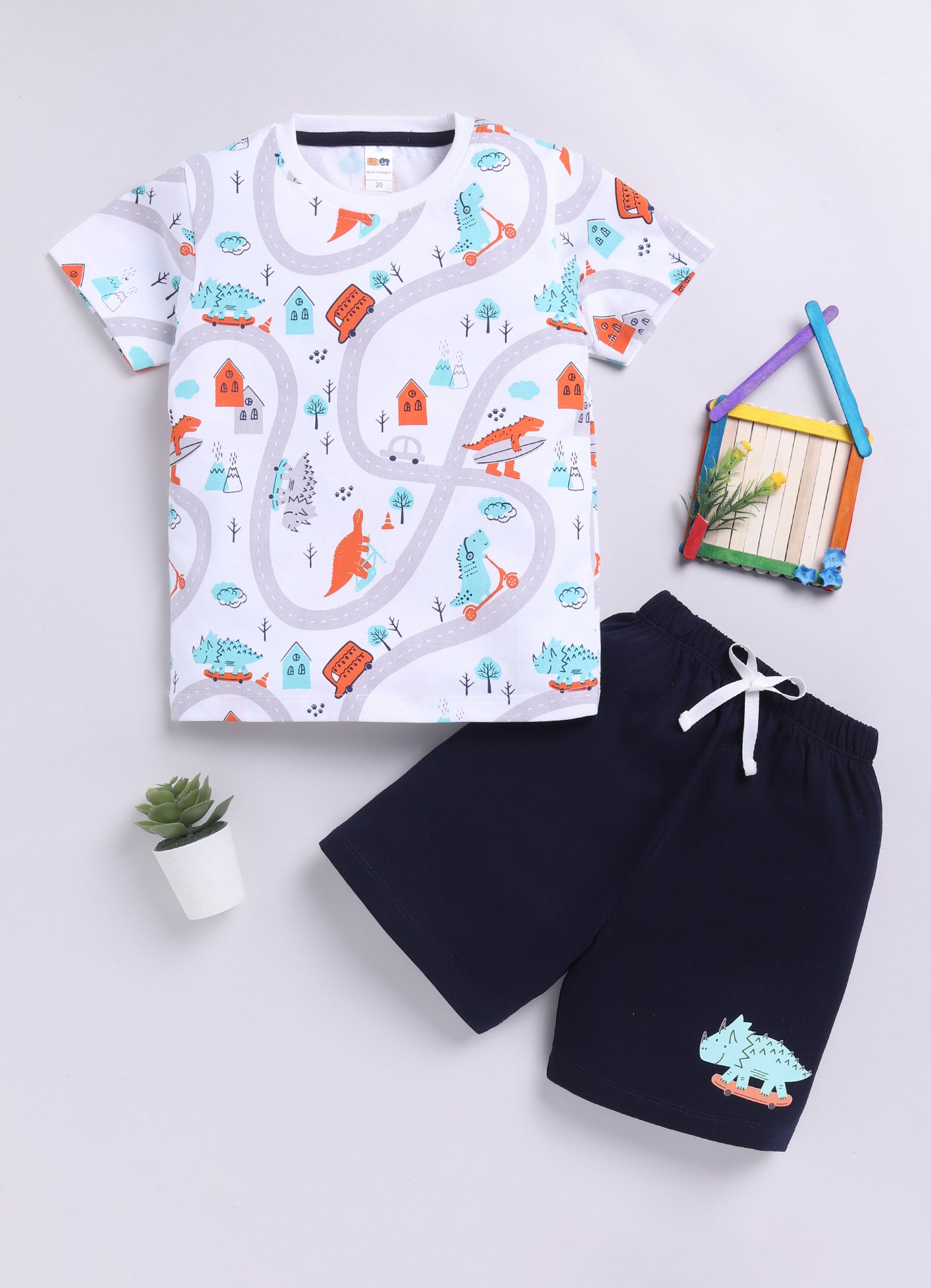 Baby Boys Casual T-shirt Shorts  (WHITE DARK BLUE)