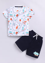 Baby Boys Casual T-shirt Shorts  (WHITE DARK BLUE)