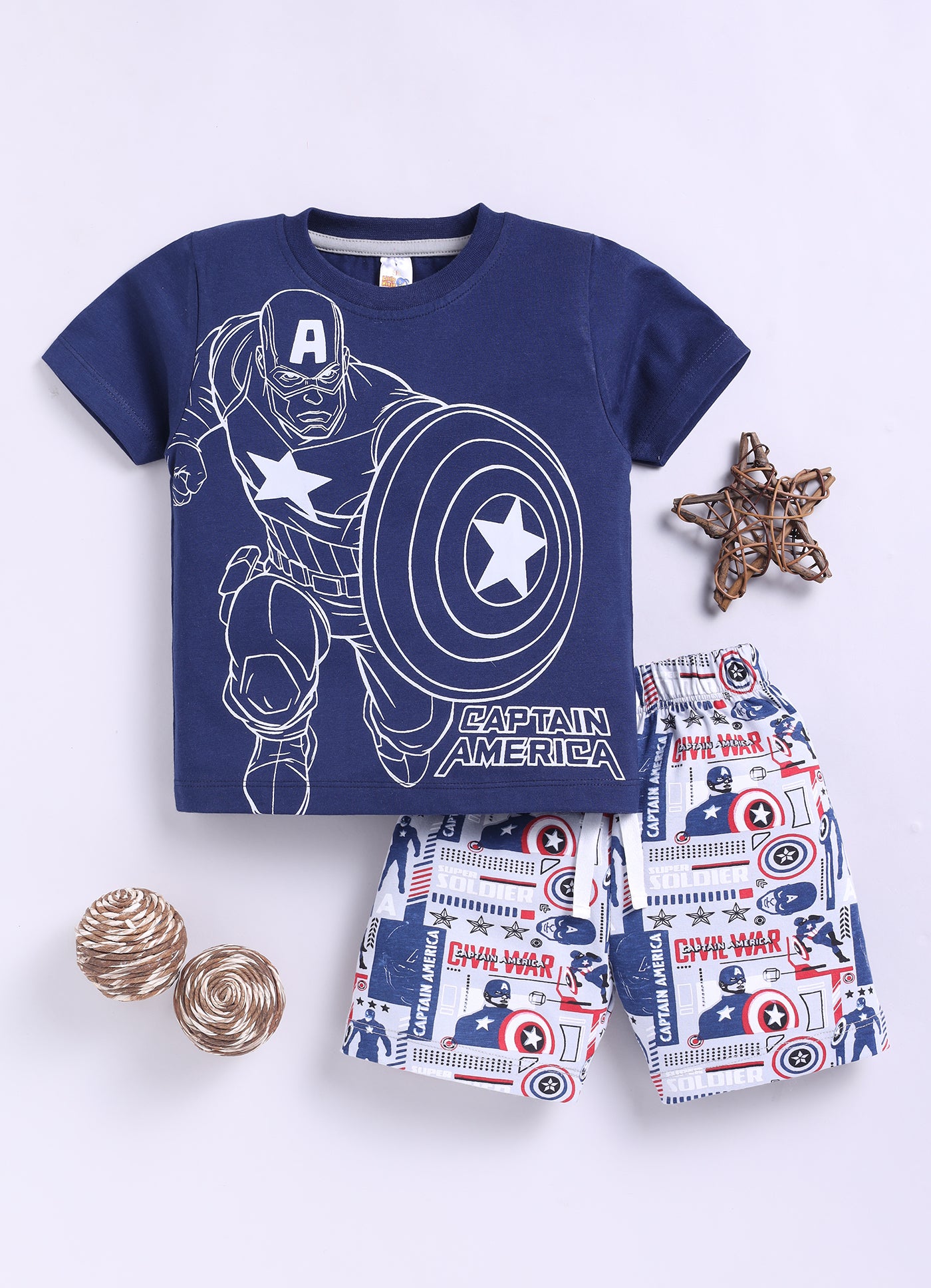 Baby Boys Captain America Casual T-shirt Shorts  (WHITE)
