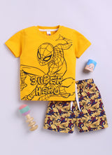 Baby Boys Spiderman Casual T-shirt Shorts  (YELLOW)