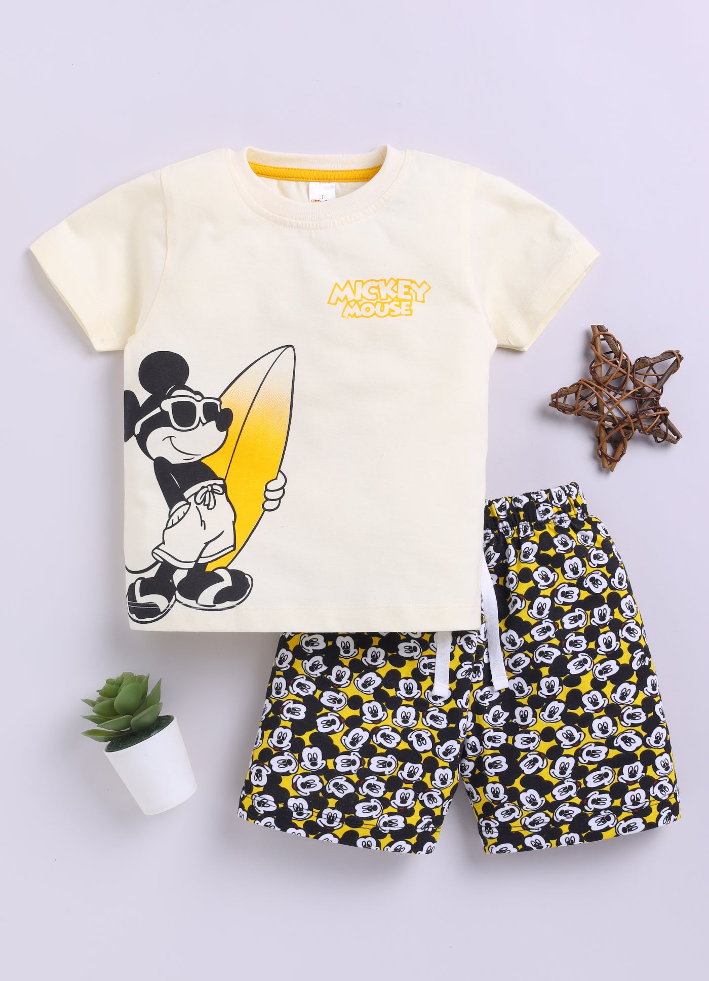 Baby Boys Mickey Casual T-shirt Shorts  (CREAM)