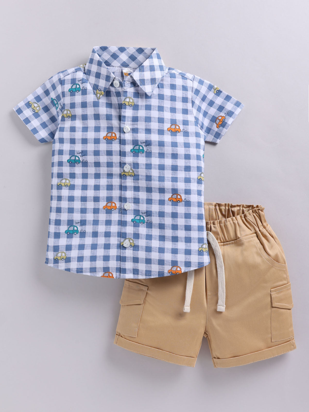 Baby Boys Casual Shirt Shorts  (Blue and Beige)