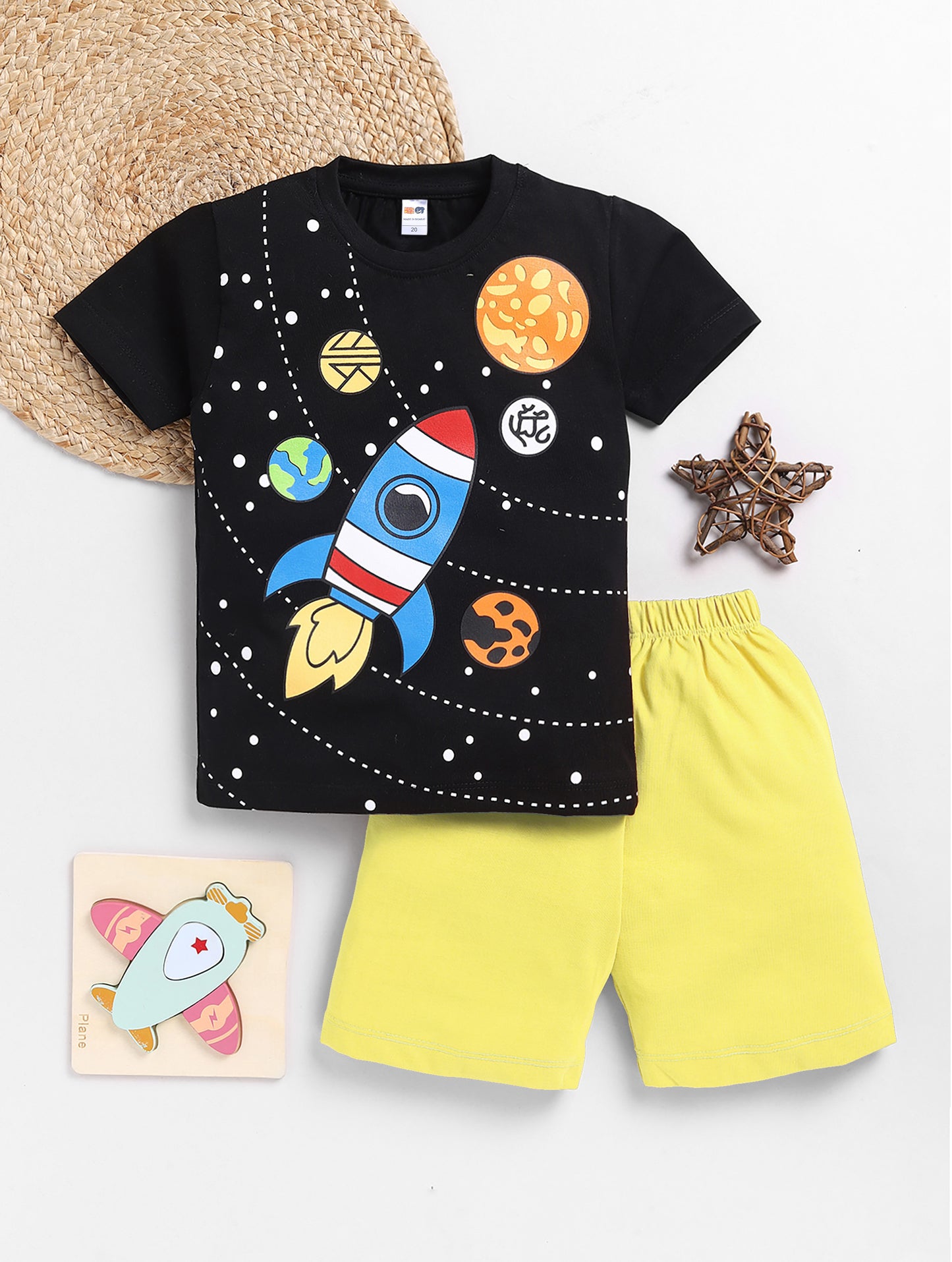 Boys Casual T-shirt Shorts  (BLACK YELLOW)