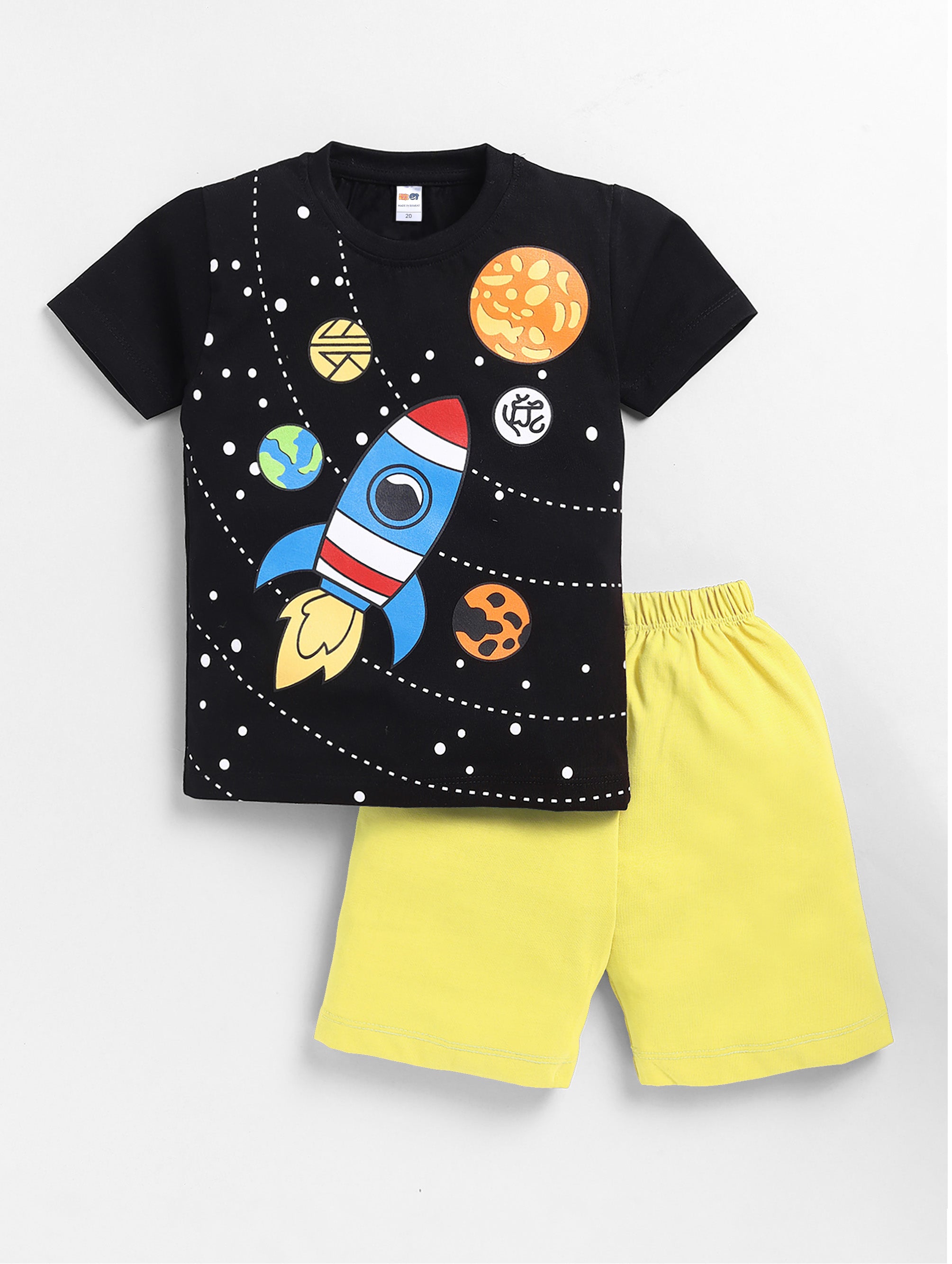Boys Casual T-shirt Shorts  (BLACK YELLOW)
