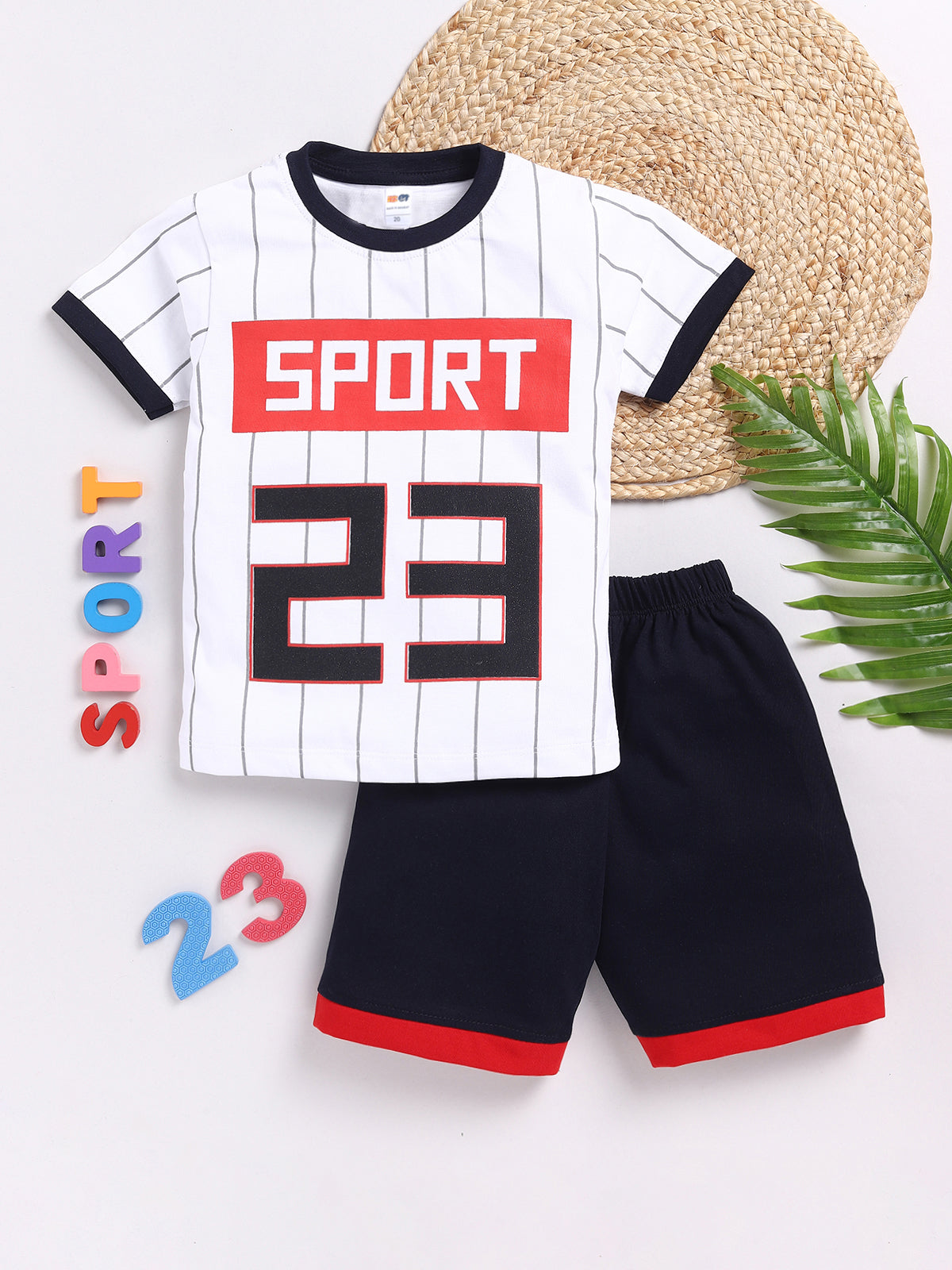 Boys Casual T-shirt Shorts  (WHITE NAVY)